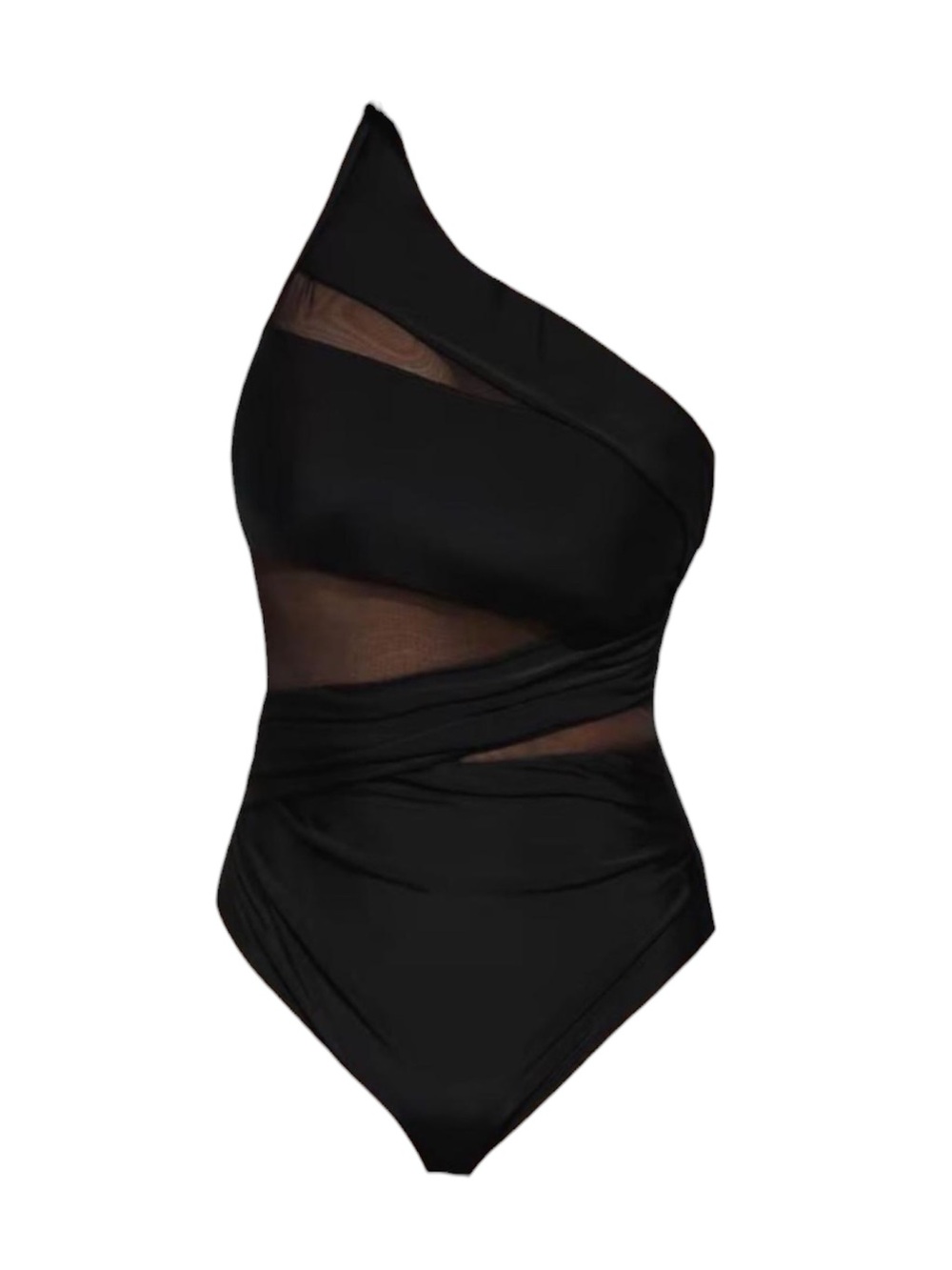 NEW One-Shoulder Black Mesh Panel One-Piece Swimsuit